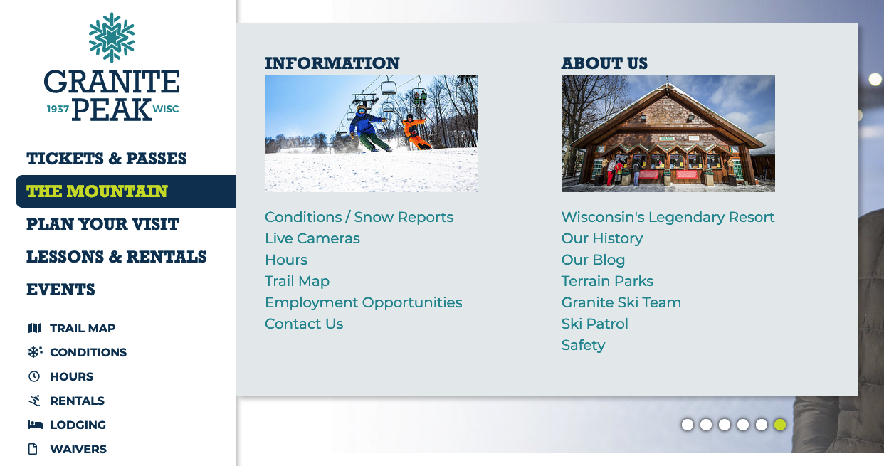 Ski Area Website Mega Menu Navigation Design Example