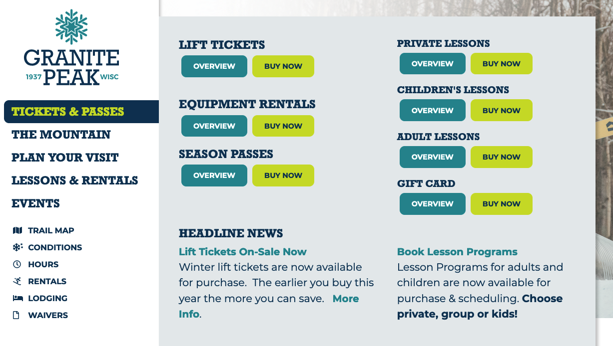 Ski Area Website Mega Menu Navigation buttons example